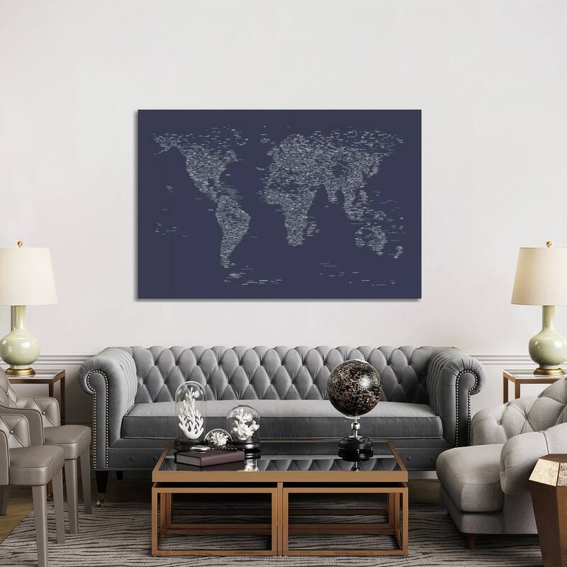 iCanvas "Font World Map (Navy Blue)" by Michael Tompsett Canvas Print