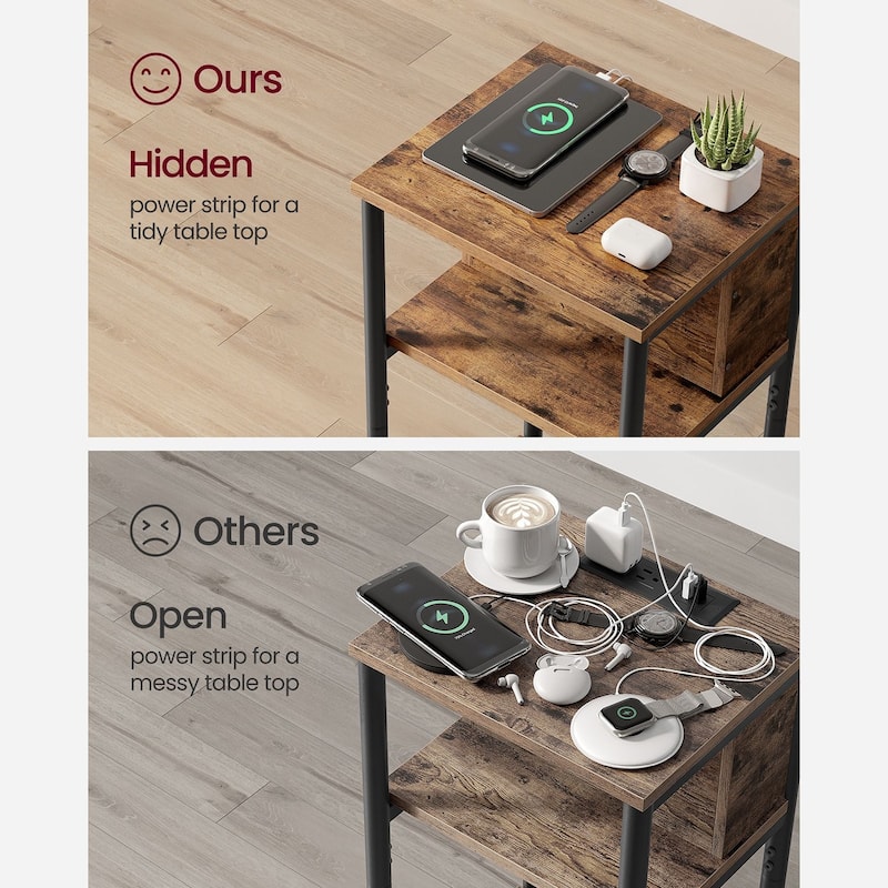 Side Table with Charging Station, 3-Tier End Table with USB Ports and Outlets, Nightstand for Living Room, Bedroom