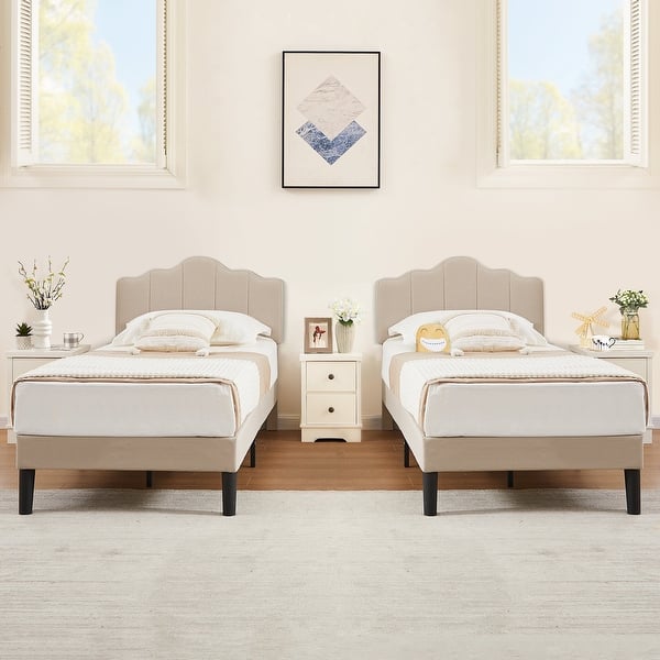 slide 2 of 27, VECELO Modern Upholstered Platform Kids Bed with Adjustable Headboard,Twin Size Bed Set of 2 Beige