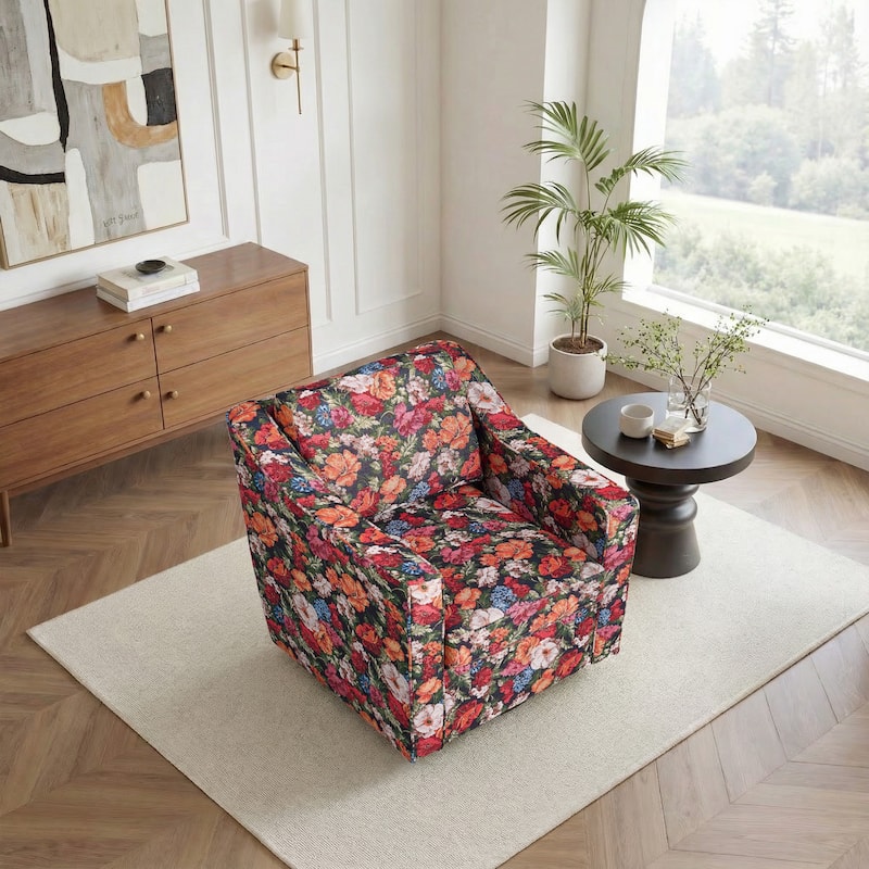 Patterned Linen Swivel Armchair Floral Accent Chair for Living Room