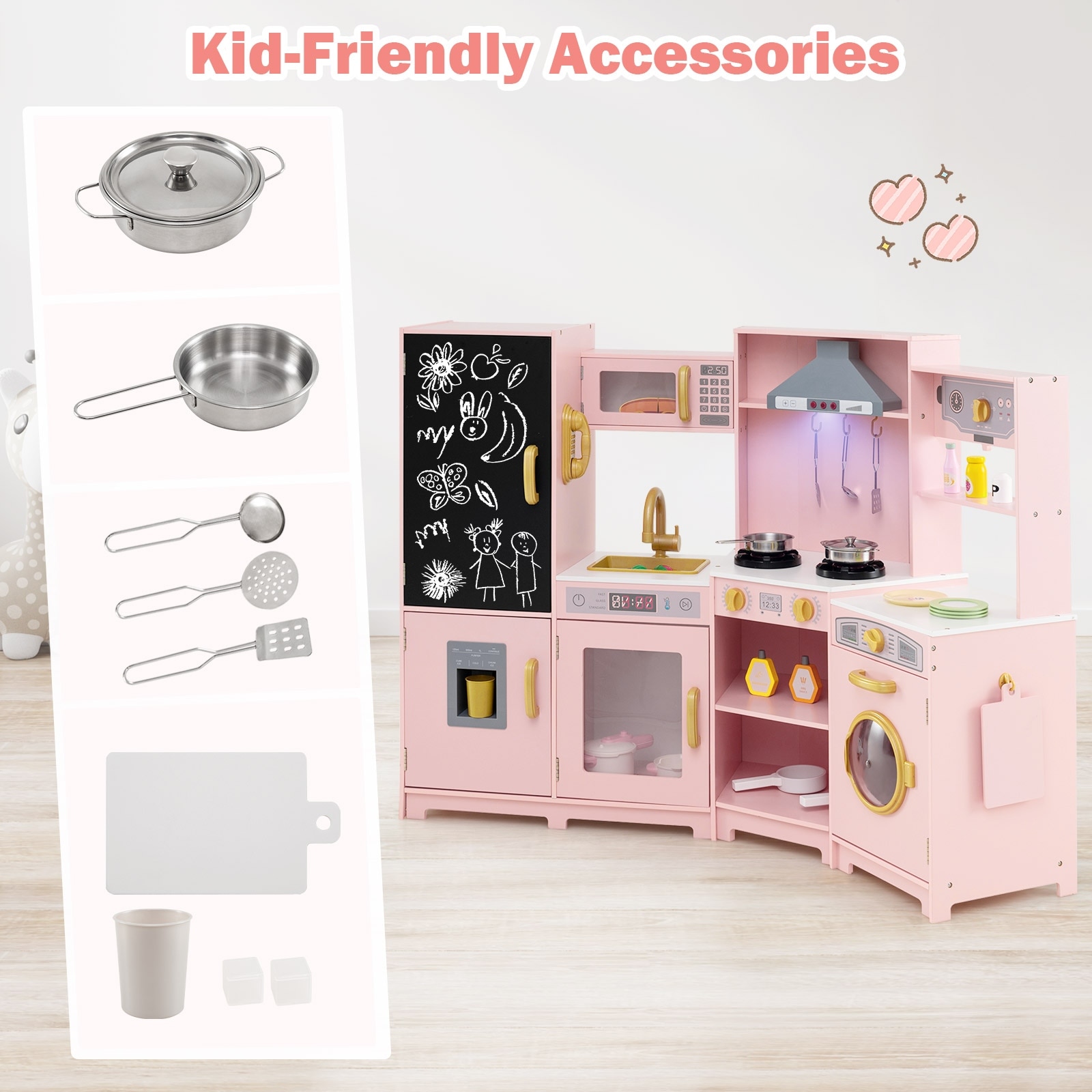 Gymax Corner Kids Play Kitchen Wooden Pretend Toy Kitchen w