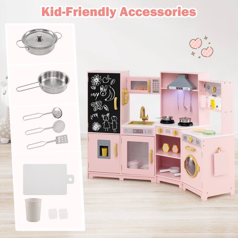 Gymax Corner Kids Play Kitchen Wooden Pretend Toy Kitchen w/ Realistic