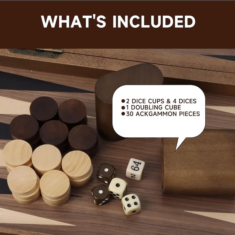 GSE™ 17" Premium Wooden Inlay Backgammon Board Game Set, Portable Folding Backgammon Board Game with Game Pieces - 17-Inch