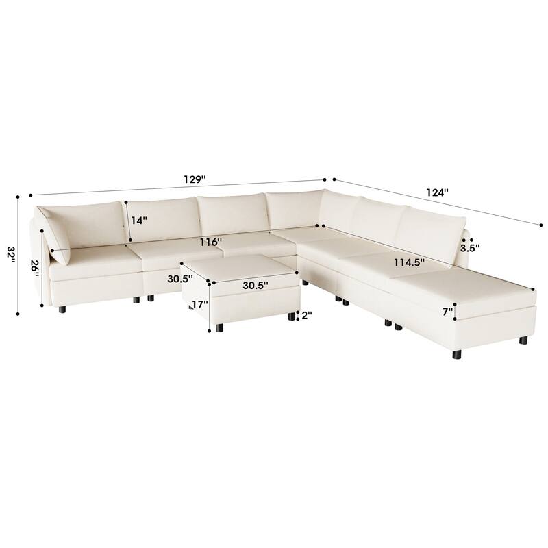 Beige 129'' Convertible 8 Seater Modular Sectional Sofa with Storage Ottoman, Comfortable Sleeper Options