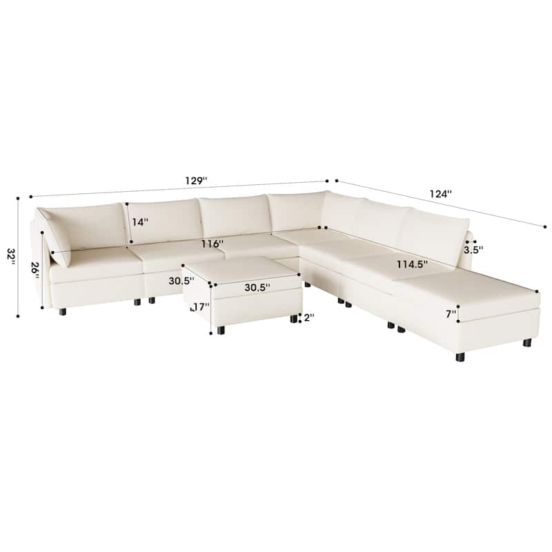 Beige 129'' Convertible 8-Seater Modular Sectional Sofa with Storage Ottoman and Comfortable Sleeper Options