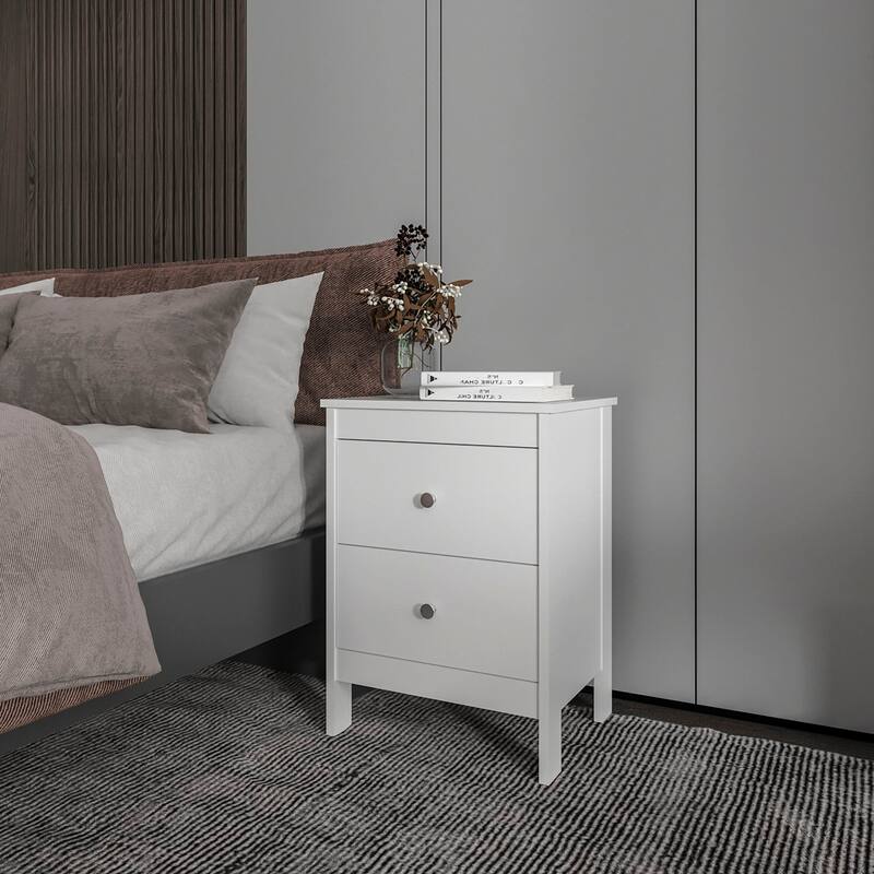 White Nightstand with Two Drawers and Knob Hardware - White