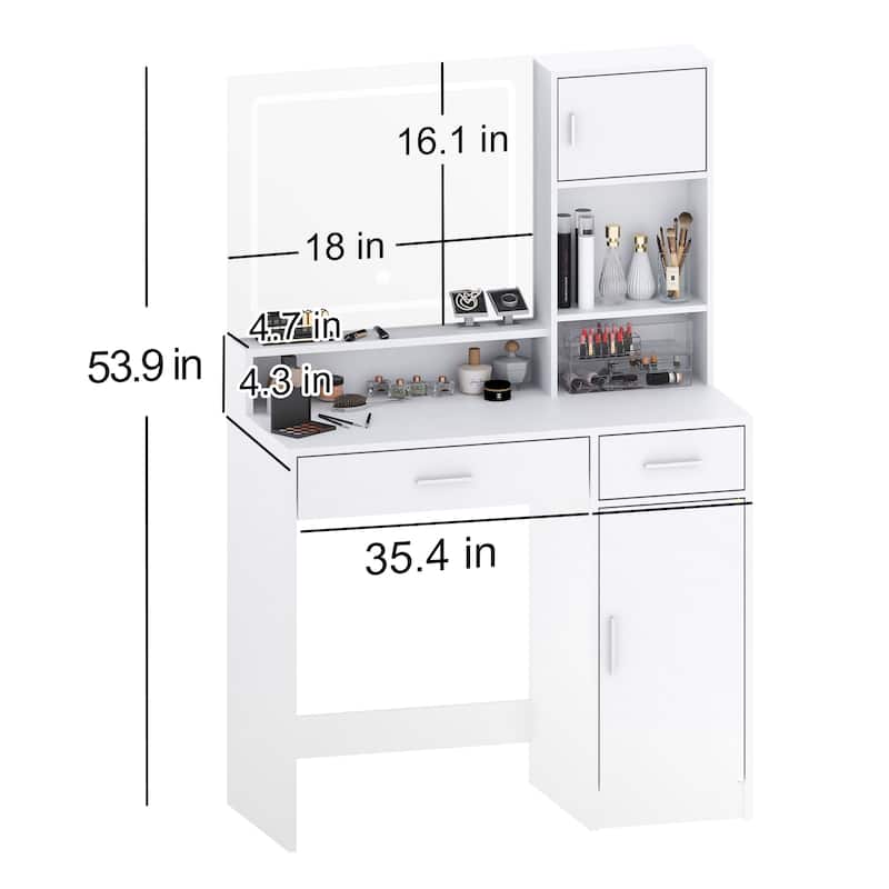 LED Lighted Vanity Desk with Mirror, Makeup Vanity with Adjustable Brightness, Large Drawer & 3 Level Storage Dresser