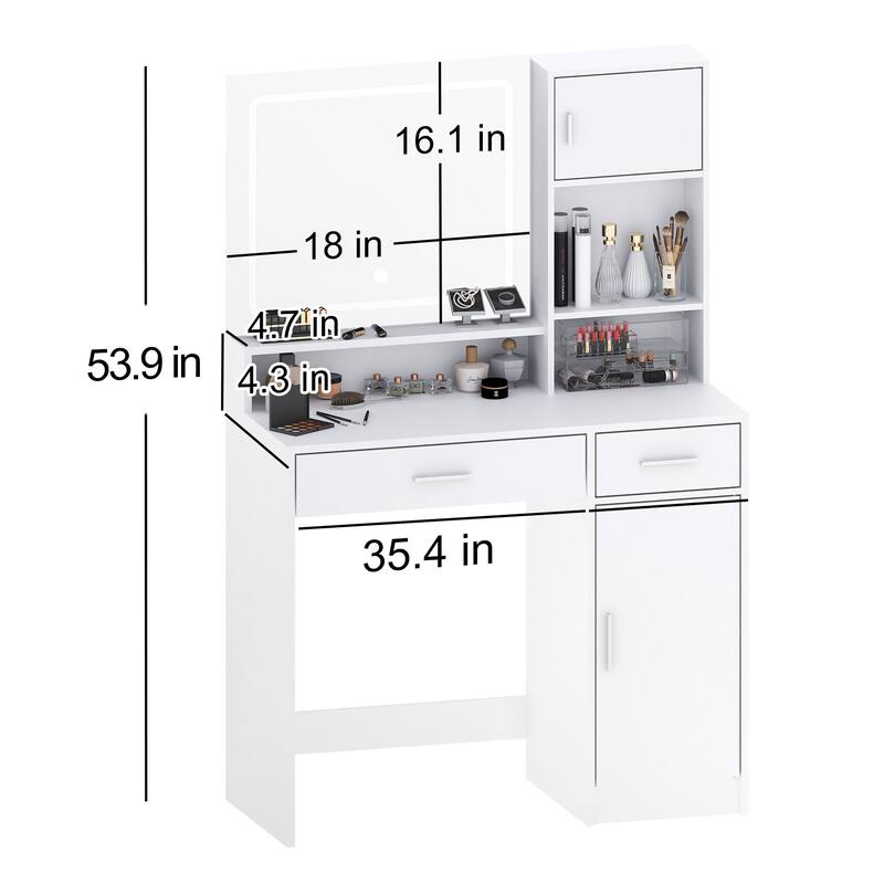 Modern Vanity Desk with Mirror, LED Light Strip and Storage