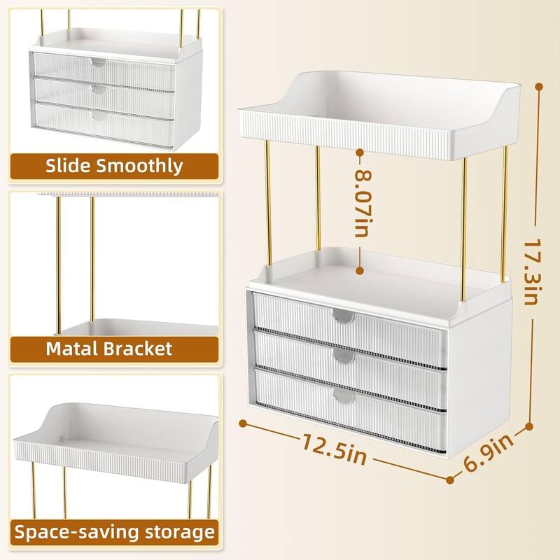 3 Drawers 2 Tier Makeup Organizer - Bathroom Counter Organizer