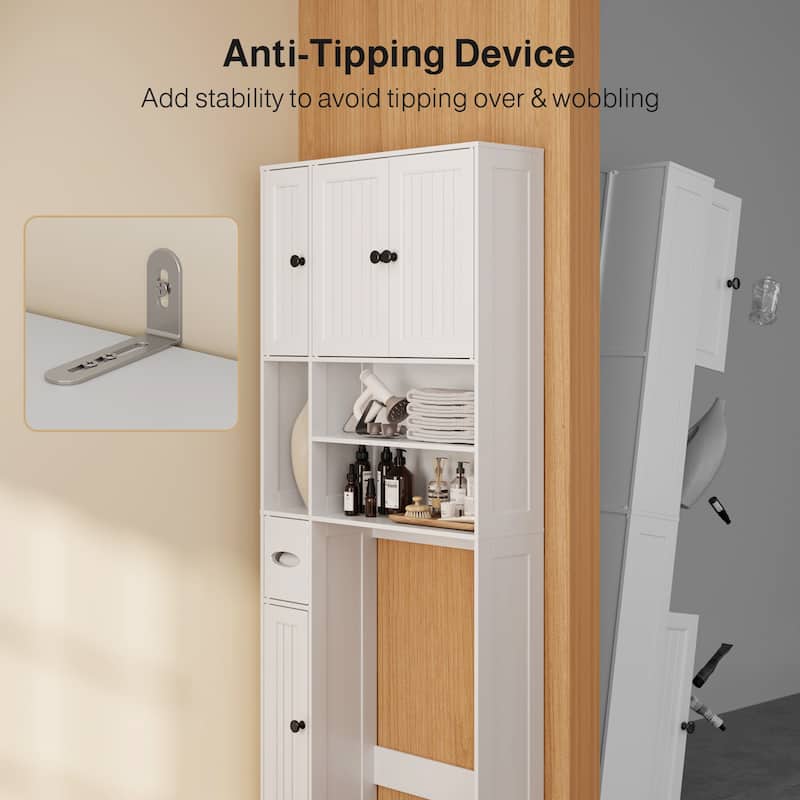 70" Freestanding Above Toilet Storage Cabinet, Adjustable Bathroom Shelving With Anti-Tip Devices
