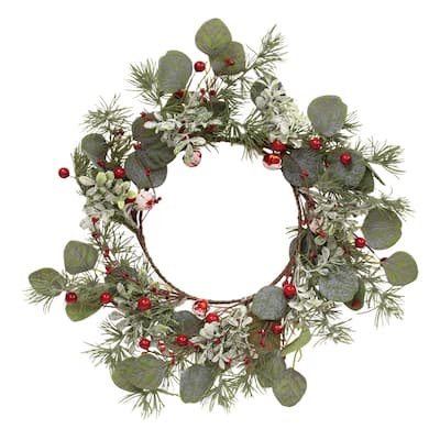 Snowy Holiday Red Berry & Bell Wreath - Green - 18 Inches