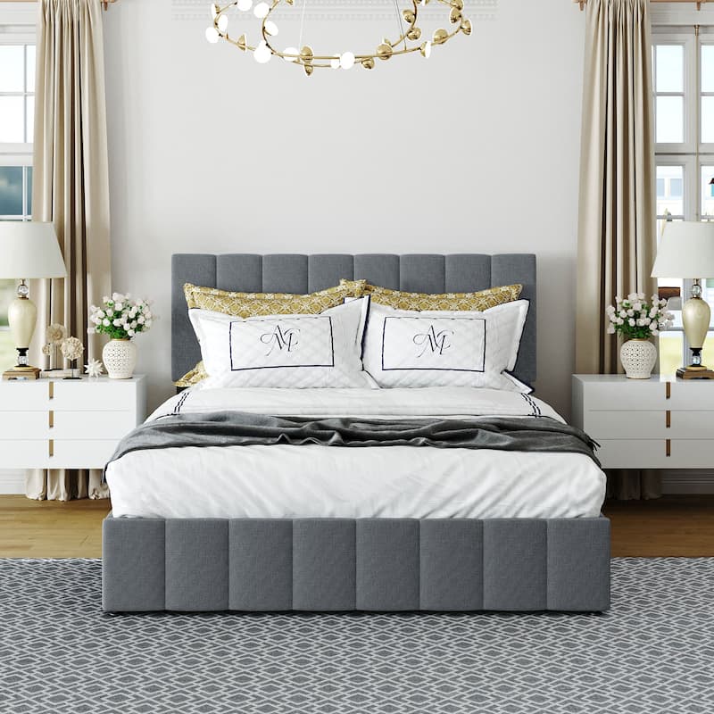 Linen Upholstered Platform Bed with a Hydraulic Storage System