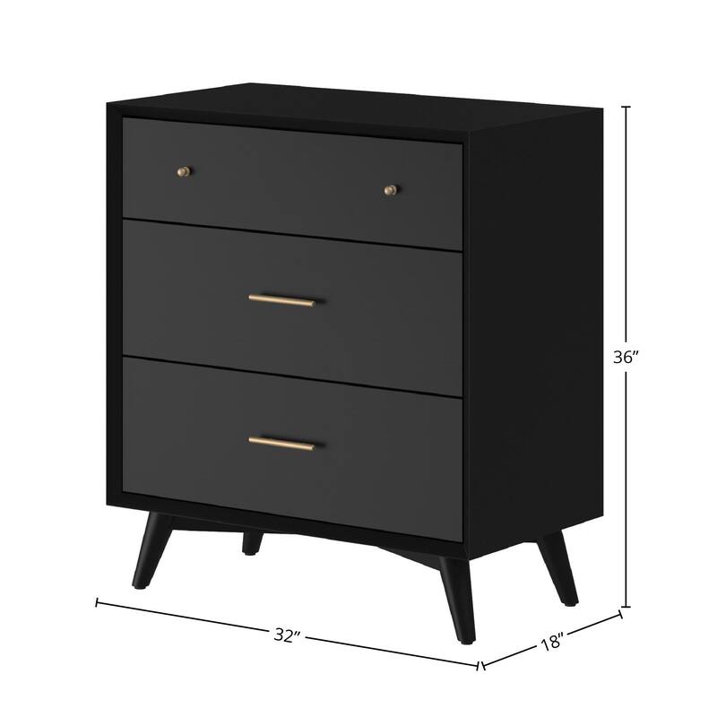 Alpine Furniture Flynn Mid Century Modern 3 Drawer Small Chest, Black