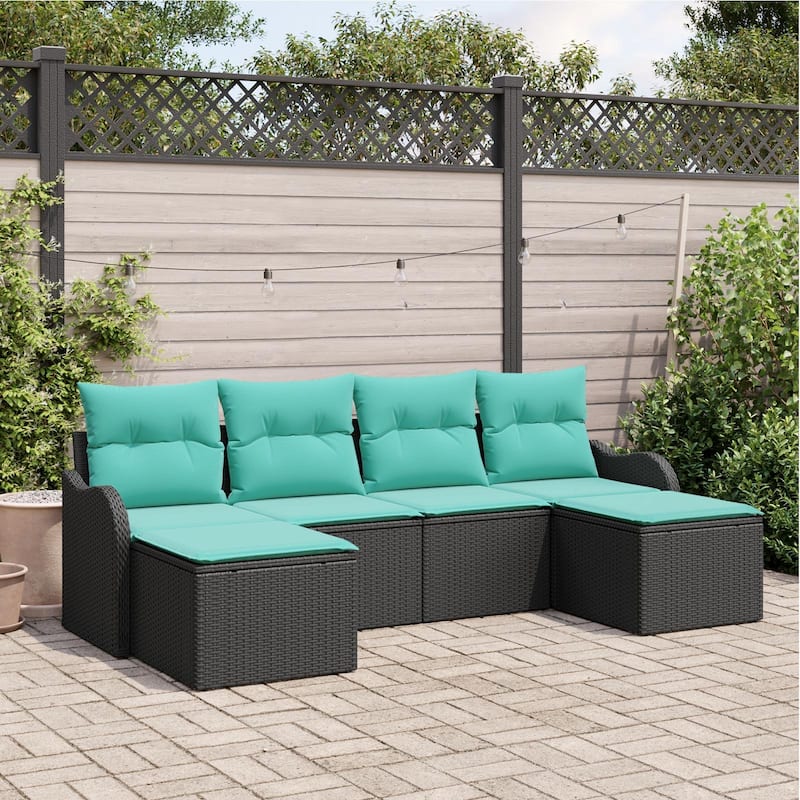 vidaXL 6 Garden Sofa Set with Cushions Black Poly Rattan - 90.9 x 46.1 x 27.2