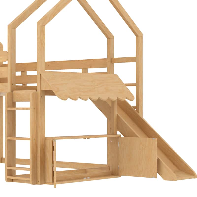 Twin Loft Bed with Slide, Bookshelf & House-Shaped Design for Kids