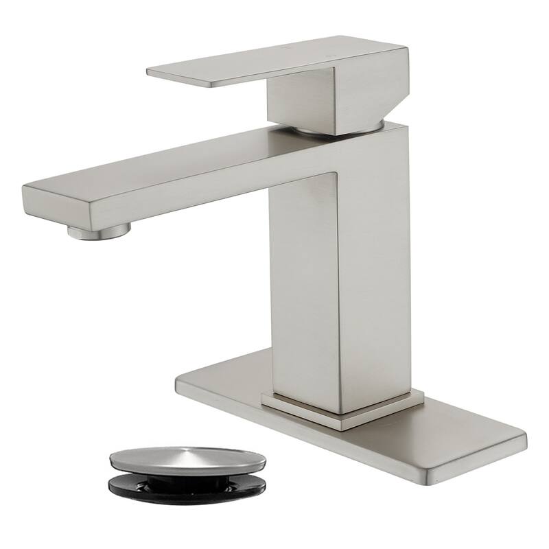 Single Handle Bathroom Sink Faucet with Pop-up Drain 304 Stainless Steel 1 Hole Basin Vanity Faucets with Deck Plate - Brushed Nickel