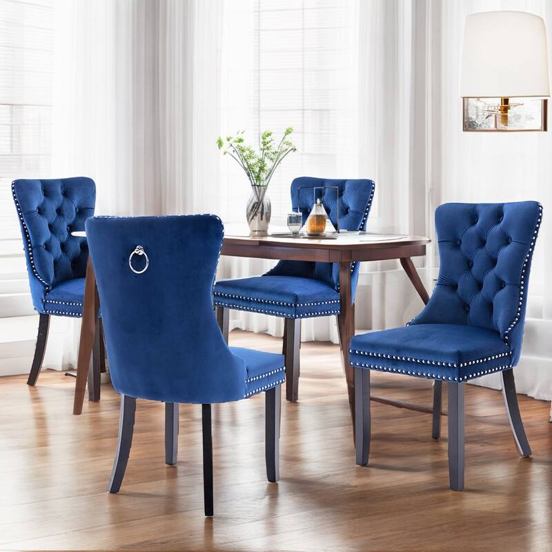 Set of 2 Velvet Dining Chairs – Tufted Upholstered Armless Accent Chairs with Nailhead Trim & Back Ring Pull