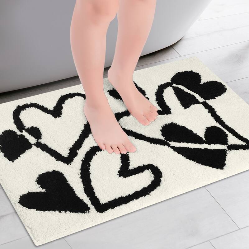 Cute Heart Pattern Bathroom Rug, Ultra Soft Non-Slip Bath Mat, Shaggy Soft and Absorbent Bath Carpet for Sink, Shower - Beige-1 - 16" x 24"