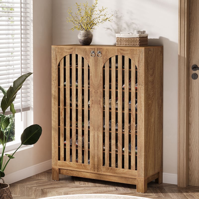 Shoe Cabinet with Louver Doors, 6-Tier Shoe Storage Cabinet with Adjustable Shelves - Oak