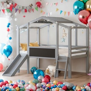 Twin Size Loft House Bed with Ladder, Slide and Light Strip, Grey