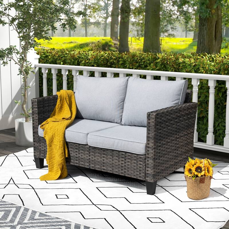 OVIOS Outdoor High-back Grey Wicker Loveseat - Grey