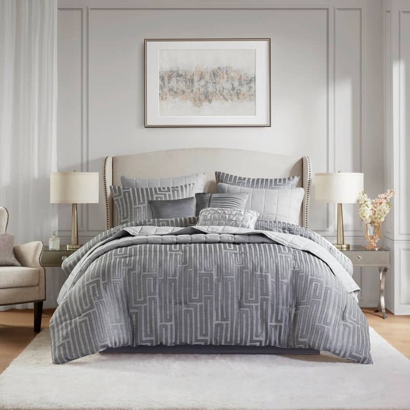 GDF Studio - Averleigh 10-Piece Queen Luxury Jacquard Comforter Set - Grey (King )