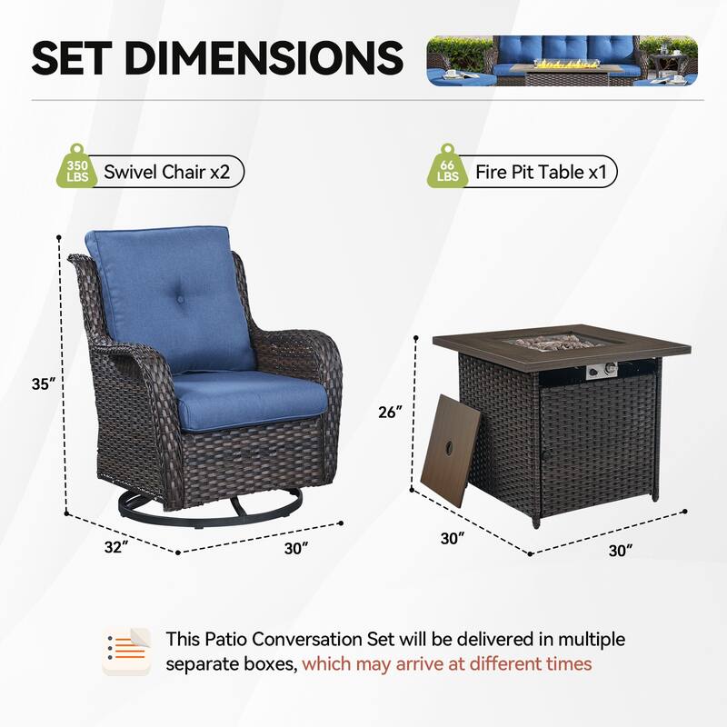 Gymojoy 3-Piece Outdoor Chair Set with Swivel Chairs & 55K BTU Fire Pit Table