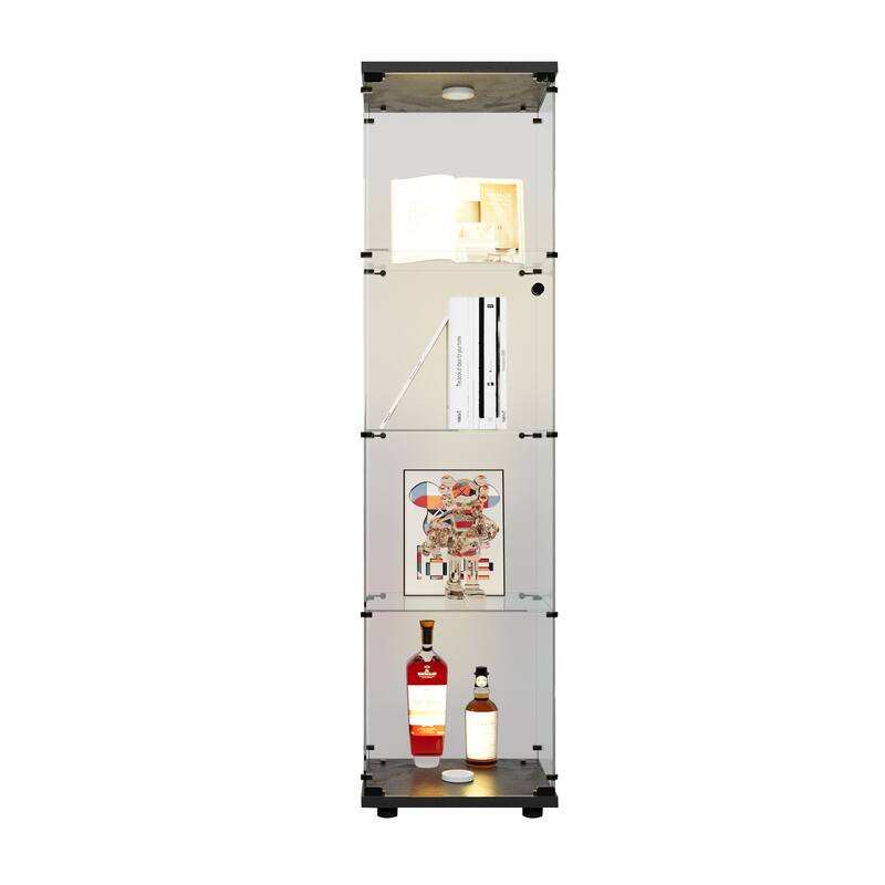 LED lights Glass Display Cabinet 4 Shelves with Door, Floor Standing Curio Bookshelf
