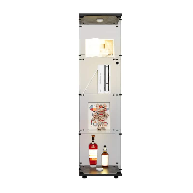 LED lights Glass Display Cabinet 4 Shelves with Door and Lock, Floor Standing Curio Bookshelf for Living Room Bedroom Office