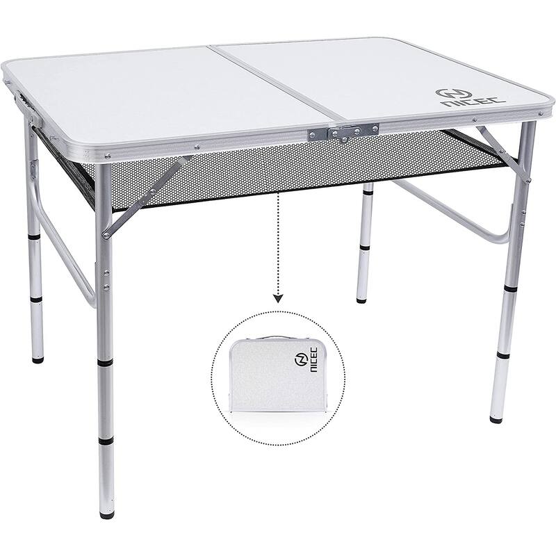 Folding Card Table Adjustable Height, Portable Camping Table Lightweight Aluminum, with Carry Handle for Outdoor, Beach - White 23.7"D x 35.5"W x 27.8"H