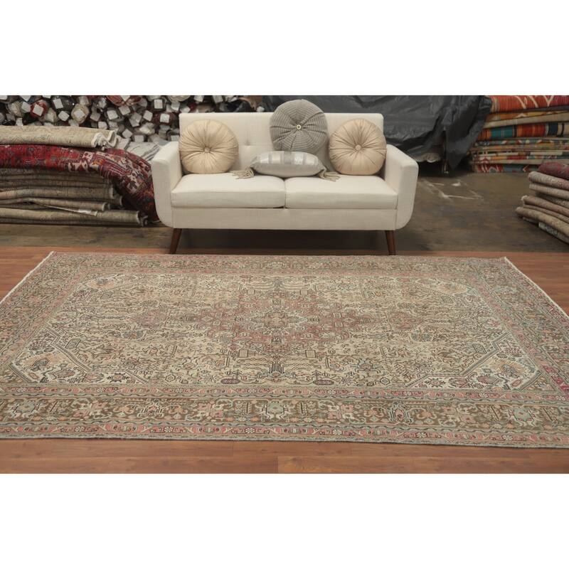 Hand Knotted Oriental 100% Wool Carpet Traditional Floral Beige & Ivories Tabriz Area Rug - 9' 5'' X 6' 5''