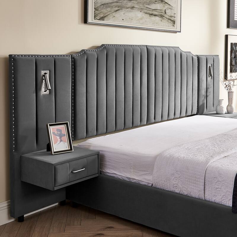 King Size Upholstered Bed Frame with Velvet Fabric, Vertical Stripe Design with Buttons Around King Size Platform Bed