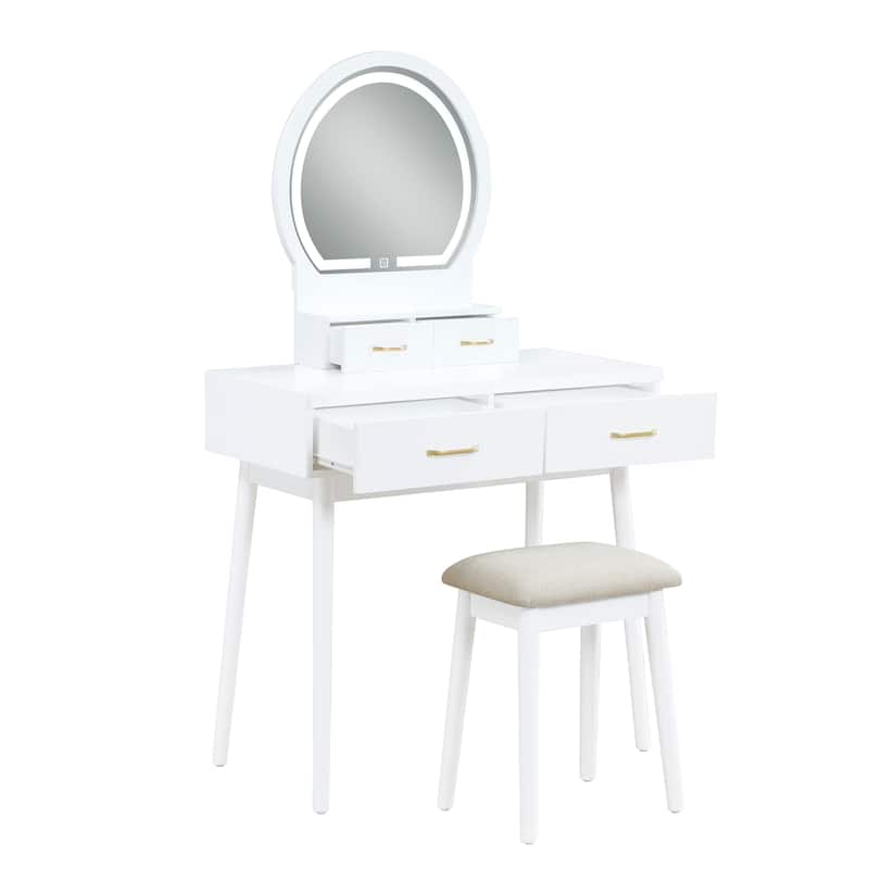 Beautiful White Finish Vanity Dresser with Mirror and Stool
