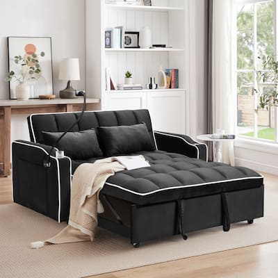 3-in-1 Velvet Convertible Sleeper Sofa Bed, 2-Seat Futon Sofa Bed with USB Port, Adjustable Back, Ashtray & Swivel Phone Stand聽