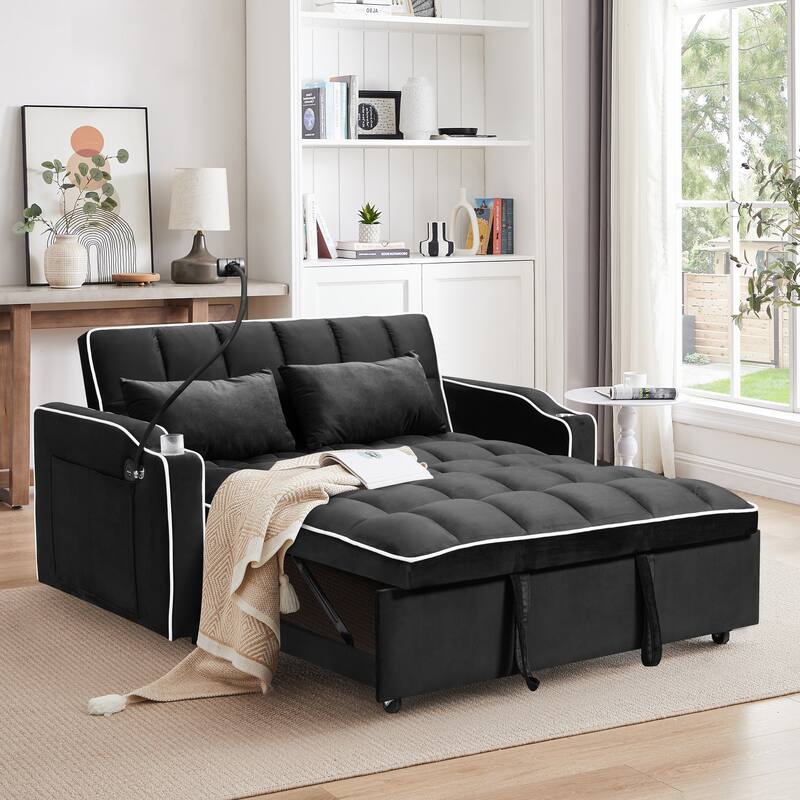Adjustable Back Sofa Bed - 3 Lengths, USB Charging Port, and Swivel Phone Stand - Black