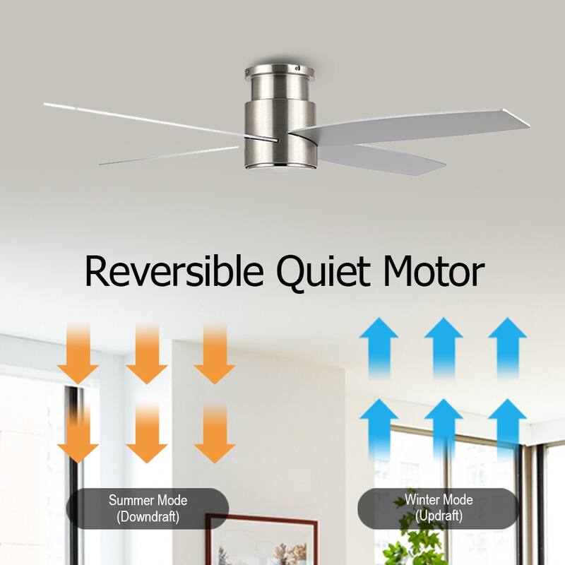 WINGBO 44" and 52" Flush Mount DC Ceiling Fan without Lights, 4 Reversible Blades