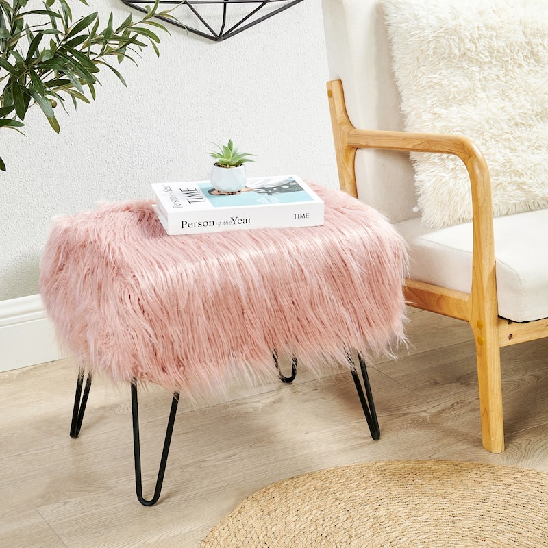 Mongolian Fauxfur Ottoman - 19"x 13"x17" - Coral Pink