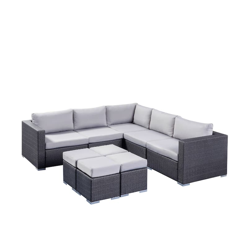 Santa Rosa Outdoor 5 Seater Wicker Sectional Sofa Set with Aluminum Frame and Cushions by Christopher Knight Home - grey wicker + silver cushion