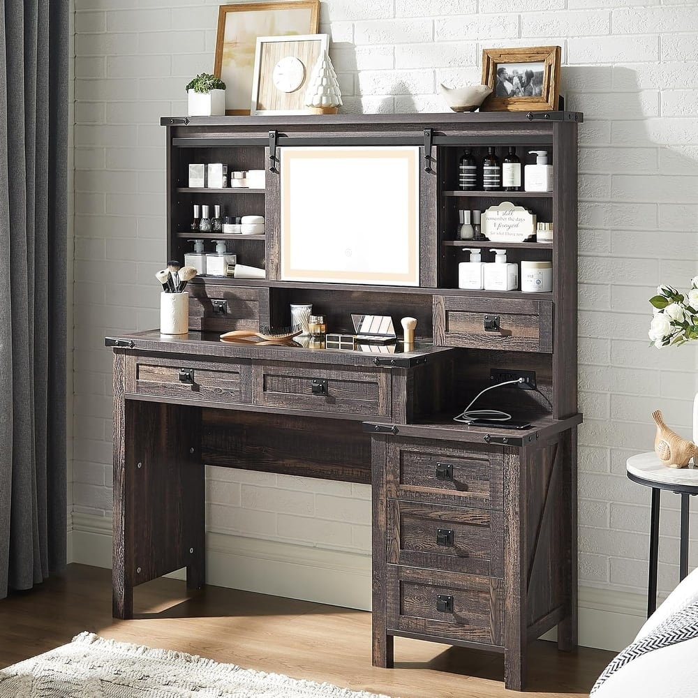 Farmhouse Makeup Vanity Desk with Mirror & Lights, Rustic Vanity Table