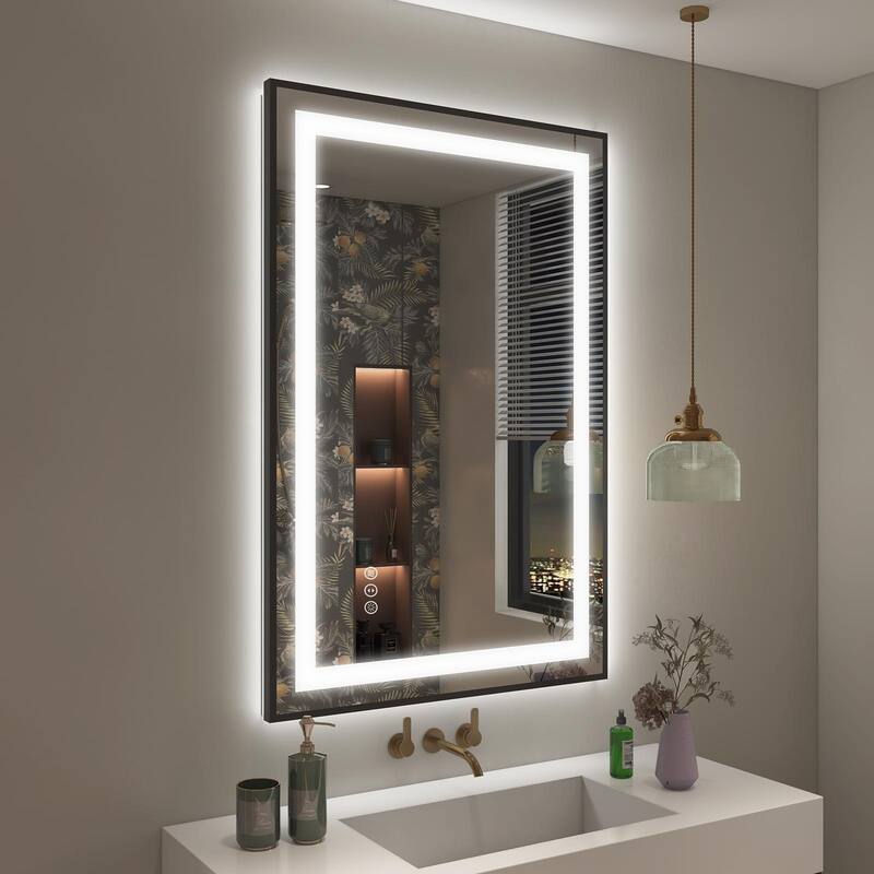 KIOTEE Black Metal Frame Front & Back LED Lighted Anti-Fog Tempered Glass Bathroom Vanity Mirror with ETL and 3 Years Warranty - 36x24