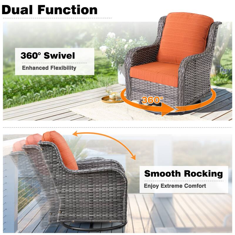 OVIOS 9-piece Patio Wicker Swivel Rocking Chair Set With Fire Pit