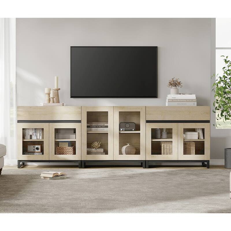 Modern TV Stand for Tvs Up to 100 Inch, 3 In 1 TV Console with Glass Doors and 2 Drawers, Entertainment Centerf or Living Room