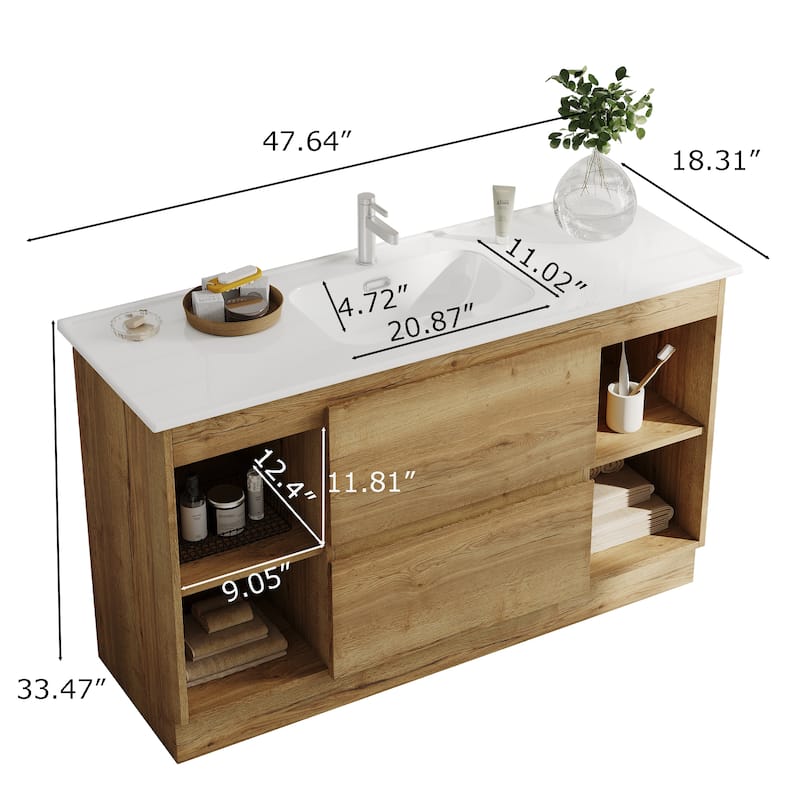 47"Mid Century Single Bathroom Vanities with Sink, White Vanities with 2 Drawers and 4 Shelves
