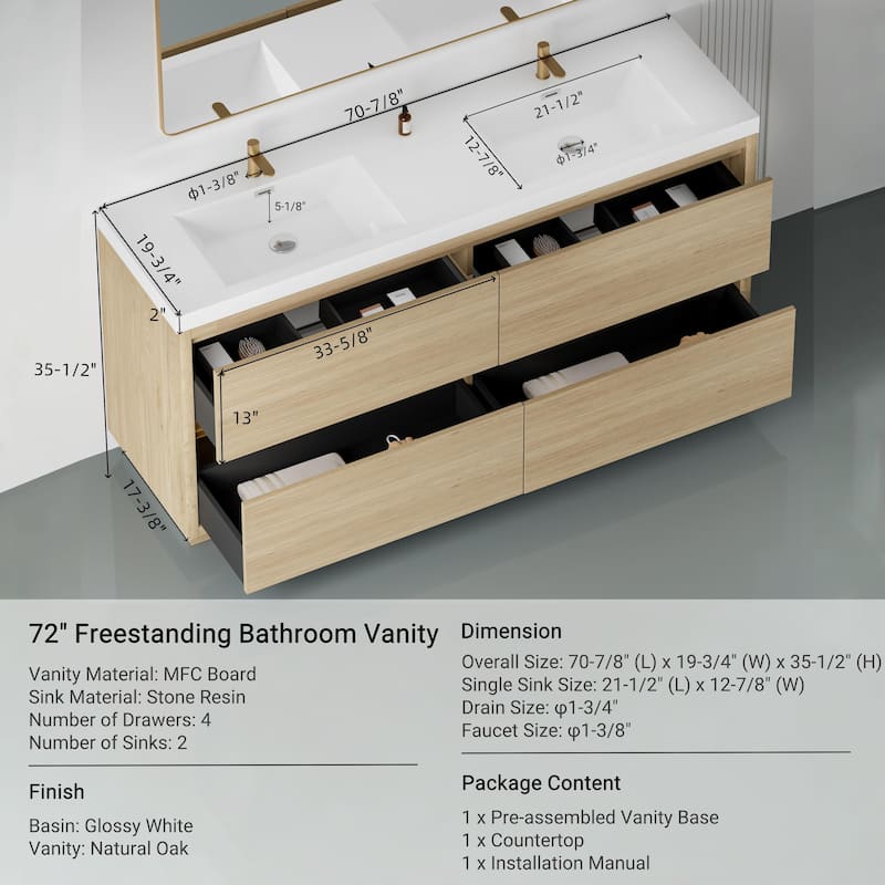 GDFStudio 72" Freestanding Bathroom Vanity with Double Sinks