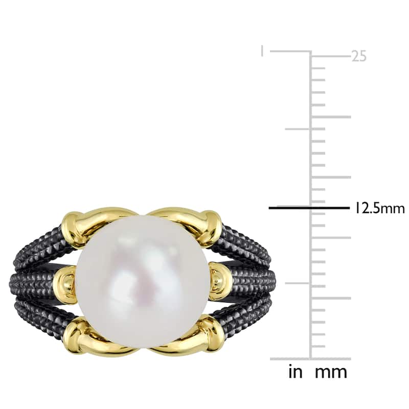 Miadora Mens 10.5-11 mm White Cultured Freshwater Pearl Ring in Yellow and Black Silver
