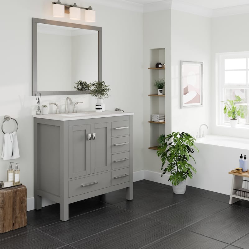 Eviva Aberdeen 36"W x 22"D Gray Bathroom Vanity with White Carrara Quartz Vanity Top and Rectangular Undermount Sink