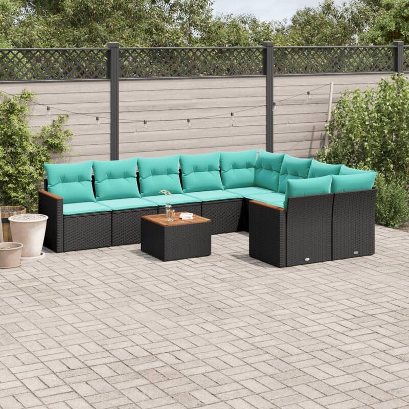 vidaXL 9 Piece Patio Sofa Set with Cushions Black Poly Rattan - 24.4x27.2x24.4 - With table