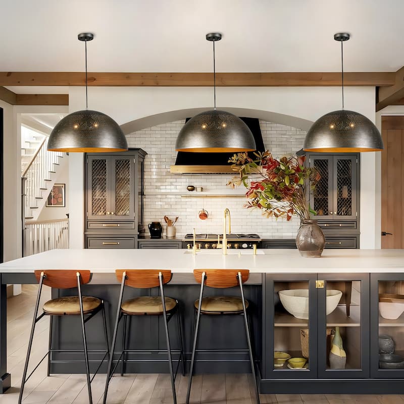 Rennnsan 3-Light Gold/Black Perforated Gold/Black Dome Pendant Light for Kitchen Island Dining Room