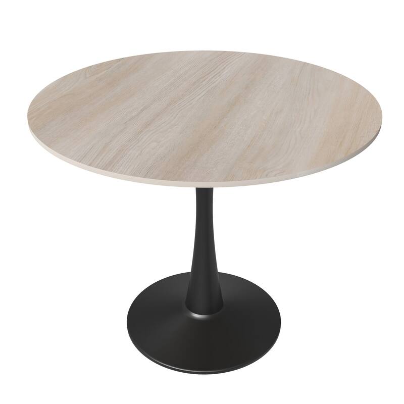 Bristol 32" Round Minimalist Dining Table for 4, Sintered Stone Top & Black Iron Pedestal Base for Kitchen & Dining Room - Natural Wood