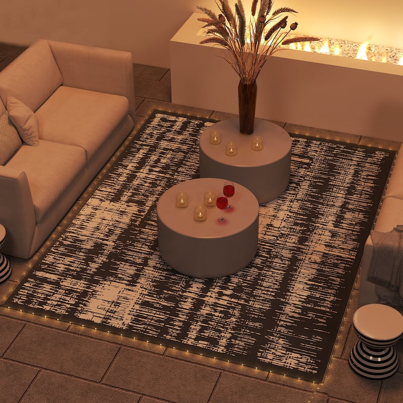 Outsunny Reversible Outdoor Rug Carpet with LED Lights, 10' x 8' PP Straw Rug - 8' x 10' - Grey